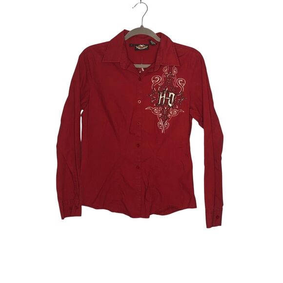 Vintage Harley Davidson Shirt Womens Small Red Button Up Motorcycle Biker Grunge - Picture 1 of 8